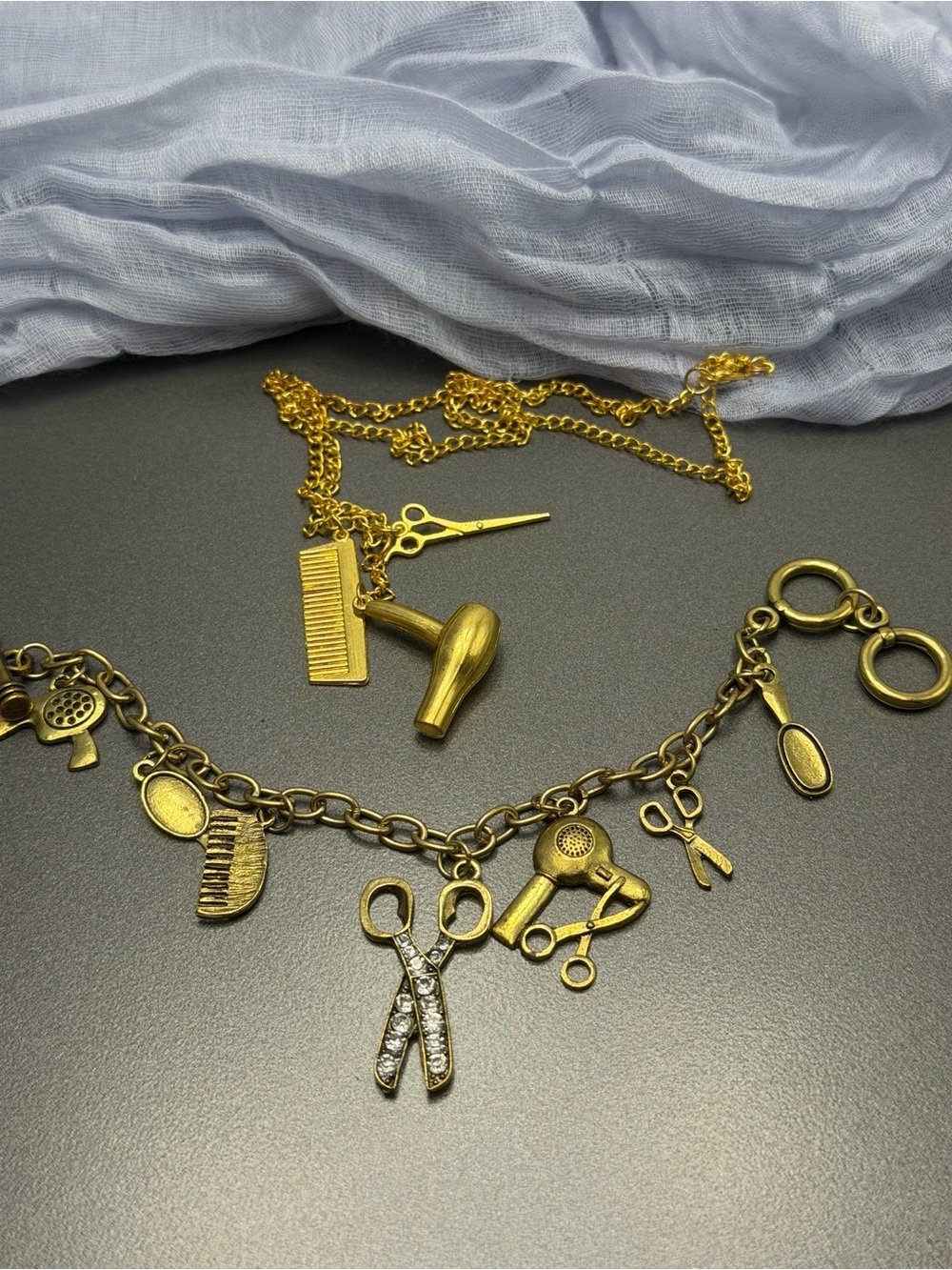 Gold-Tone Hair Stylist Charm Necklace and Bracelet Set